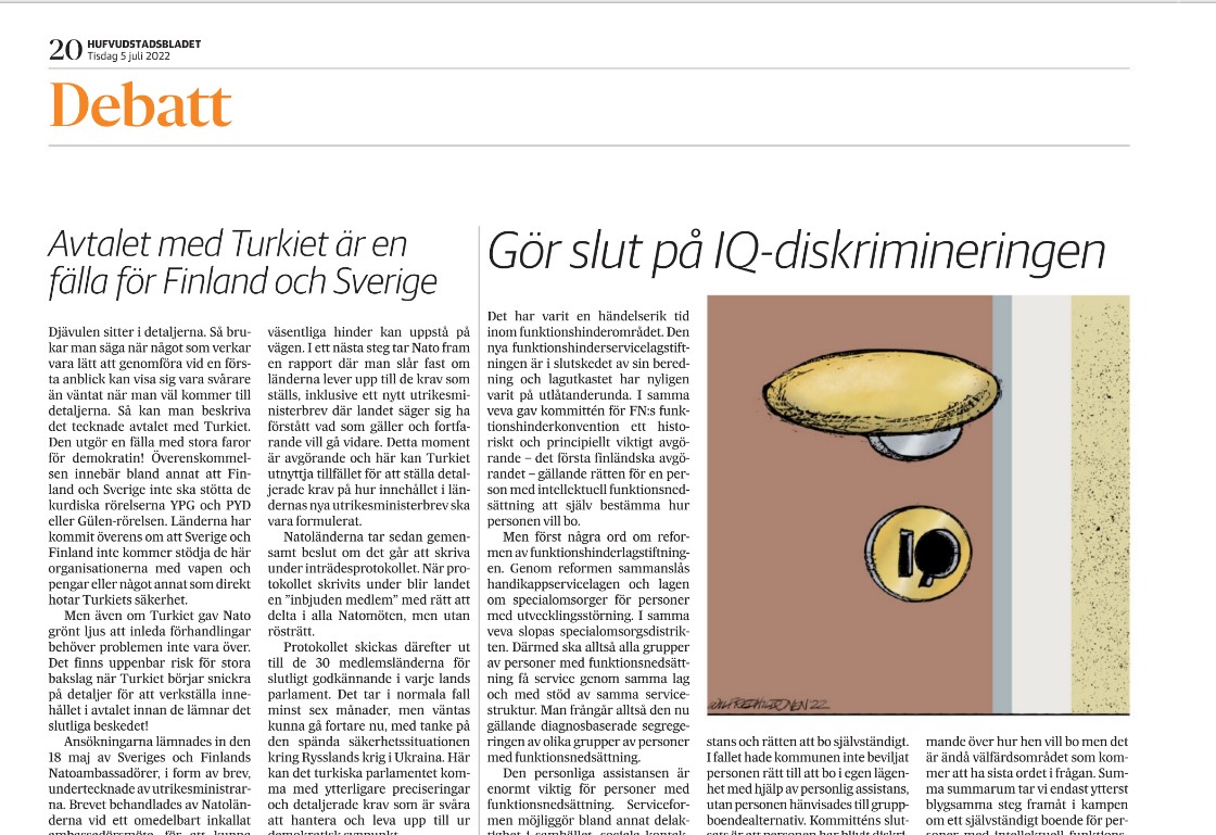 Kuvakaappaus HBL-lehdestä. Kirjoituksen otsikko: Gör slut på IQ-diskrimineringen